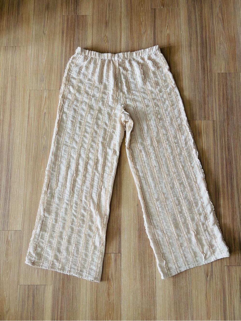 Good Luck Gem Pants Wide Leg Beige Textured Pull On Womens XL Beach Boho Resort - Picture 2 of 9